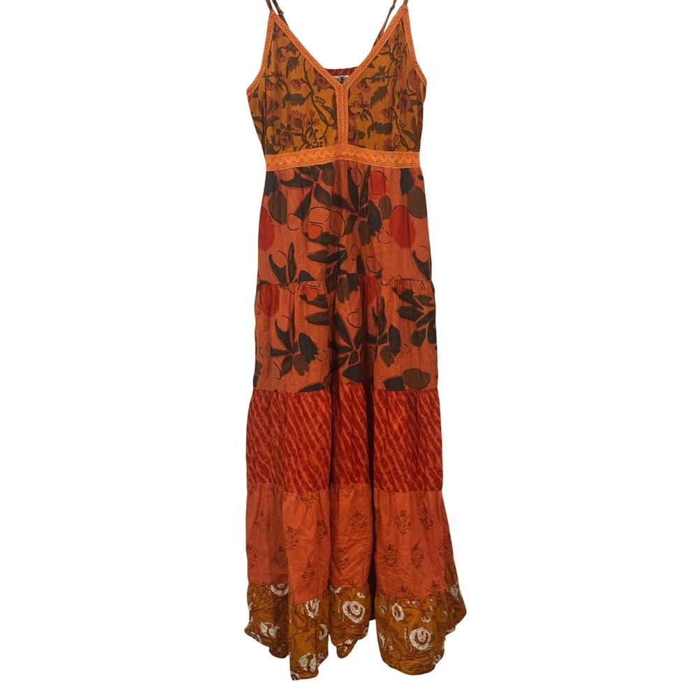 Earthbound Trading Co Orange Floral Patchwork Boho Tiered Maxi Dress Large